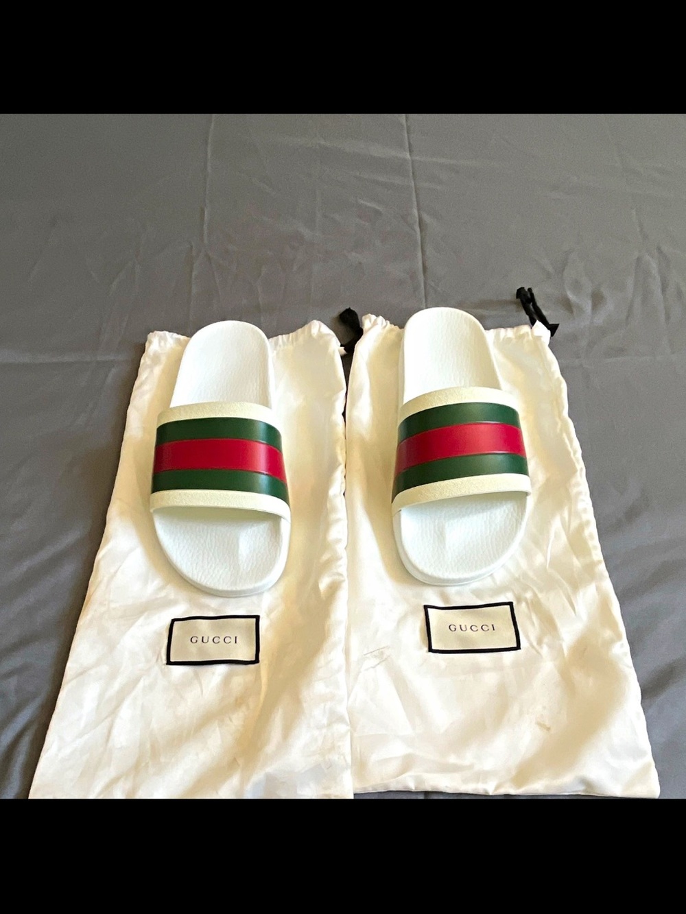 Gucci Men's White Slide Sandals Green Red Web Stripe Logo Slip-On US 10